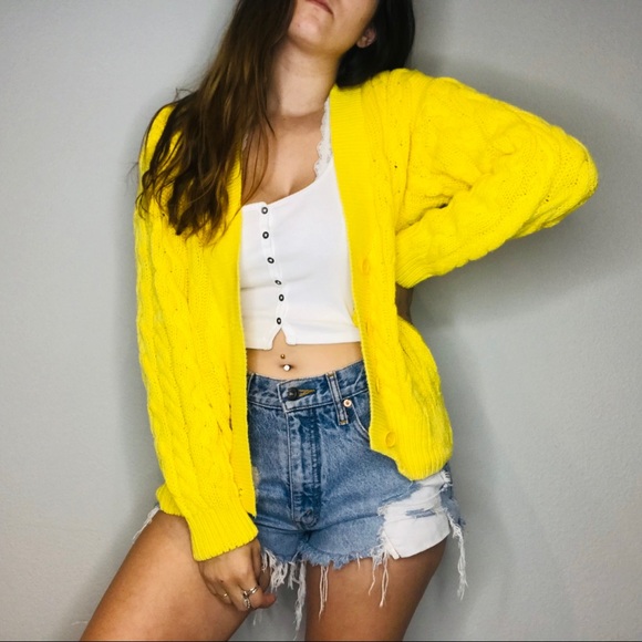 Vintage Sweaters - Vintage yellow cable knit cardigan